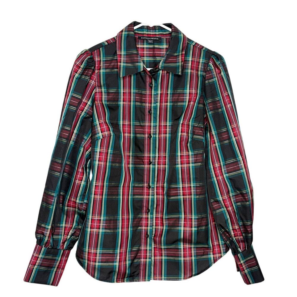 Boston Proper Holiday Plaid Victoria Drama Sleeve Shirt Sz M Black Red Festive